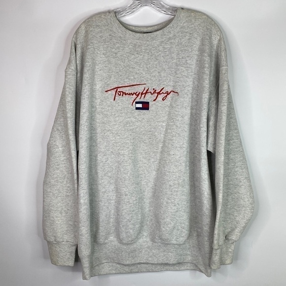 Vintage Tommy Hilfiger Cursive Logo Grey Crewneck Sweatshirt Size XL Grunge - Picture 1 of 13